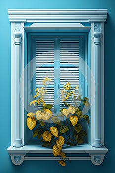 3D render of a classic window with yellow flowers on the blue wall