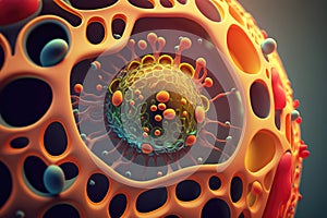 3d render close up of a cell inside an orange structure, illustration, imaginative