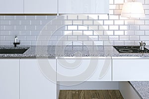3D Render Close Up White Contemporary Kitchen in White Interior