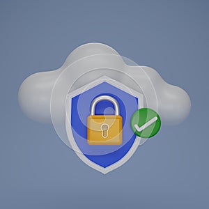 3D render Cloud storage with Shield and padlock isolate on blue background. Security shield symbols. Security shields logotypes