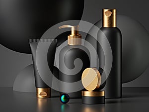 3d render, collection of black cosmetic bottles with gold caps isolated on dark background. Brutal design blank package mockup.