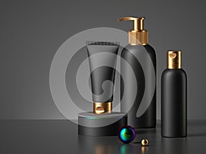 3d render, collection of black cosmetic bottles with gold caps isolated on dark background. Brutal minimal design blank package