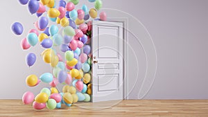 3d render. Colorful balls and inflatable air balloons flying out the open door. Party concept