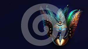 3D Render of Colorful Masquerade Mask With Feathers On Blue Background. Carniva