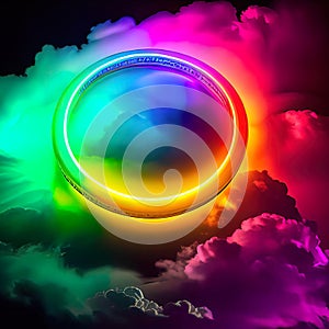 3d render, colorful neon ring glowing inside a thundercloud on a dark sky, abstract background,
