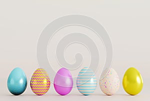 3d render colorful pastel pink, blue, yellow, glitter and abstract geometric patterns Easter eggs in a row isolated on