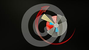 3d render of colorful pie chart with arrow direction on black background. Copyspace