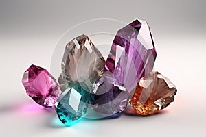 3d render, colorful spiritual crystals isolated on white background, reiki healing minerals, rough nuggets, Generative AI.