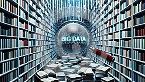 3D render of a colossal digital library where each book is coded with binary digits. A magnifying glass hovers zooming in on the