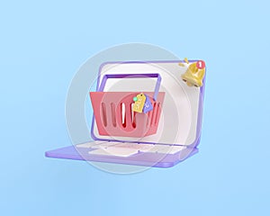 3d render computer laptop online shopping. shopping bag and basket on notebook. promotion tag in retail store. e-commerce