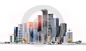 3D render of conceptual city with skyscrapers isolated on white