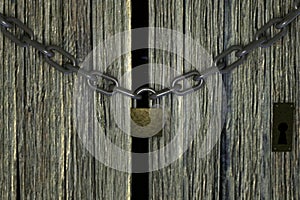 3D Render Conceptual composition on lockdown, Old aged wooden door padlocked with rusty chains