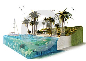 3D render of a conceptual tropical island with palm trees