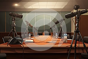3D render of a conference room with microphones and a conference table, A media interview in a conference room, with microphones
