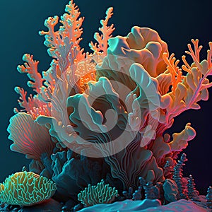 3D render of a coral reef with blue and orange corals