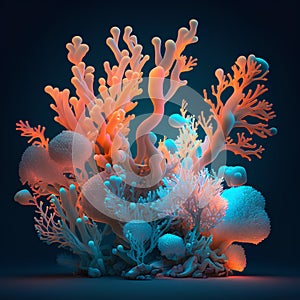 3d render of coral reef with blue and orange corals.