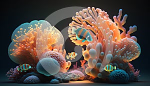 3D render of coral reef with tropical fish on a dark background