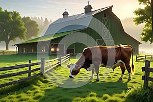 3D Render of a Cow Grazing in a Lush Green Pasture, Detailed Barn in the Background - Early Morning Farm Serenity
