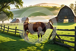 3D Render of a Cow Grazing in a Lush Green Pasture, Detailed Barn in the Background - Early Morning Farm Serenity