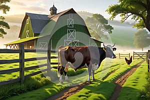 3D Render of a Cow Grazing in a Lush Green Pasture, Detailed Barn in the Background - Early Morning Farm Serenity