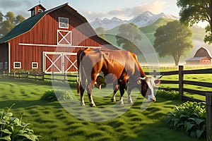 3D Render of a Cow Grazing in a Lush Green Pasture, Detailed Barn in the Background - Early Morning Farm Serenity