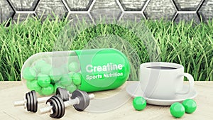 3d render of creatine big pill, Two dumbbells and a cup of coffee. Sport nutrition for bodybuilding 3d illustration