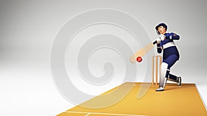 3D Render Of Cricket Batter Player Hitting Ball Over Pitch Gray Background And Copy