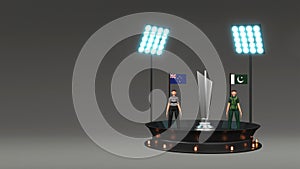 3D Render Of Cricket Match Between New Zealand VS Pakistan With Cricketer Players, Silver Winning Trophy And Stadium Lights On