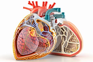 3d render cross section of the human heart in detail on white background