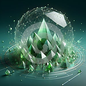 3d render of crystal sphere with green polygonal crystals on dark background