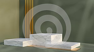 3d render cube whithe marble jewelry display podium with gold wall and sunlight. Green wall background with luxury