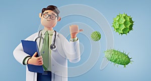 3d render, cute cartoon character doctor wears glasses and shows green viruses and bacterias. Smart professional caucasian male
