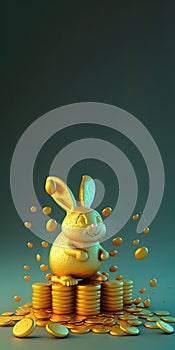 3D Render Of Cute Golden Rabbit or Bunny Character Standing On Gold Coins Stack Against Shiny Teal