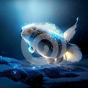 3d render of a cute little fish in the water with blue background AI Generated