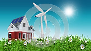 3D render of daisies in grass with house and wind turbine blurred in distance