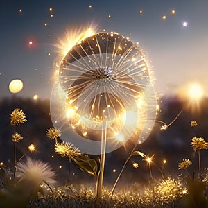 3d render of dandelion flower in the field at sunset generative AI