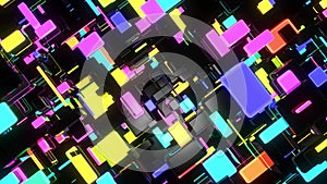 3d render. Dark science fiction background. Abstract dark background neon cubes light bulbs. Different sizes cubes