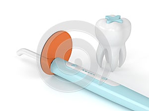 3d render of dental polymerization lamp and inlay tooth