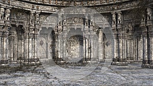 3D render of derelict and overgrown fantasy style court or throne room