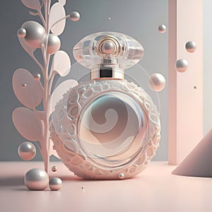 3D render design of a bottle with perfume against pink design background for branding. soft dusty pink hue. close up. Ai generated