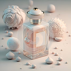 3D render design of a bottle with perfume background for branding. soft pastel peach fuzz pearl hue. close up. Ai generated
