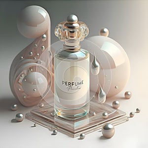 3D render design of a bottle with perfume background in pastel pearl hue for branding. close up. Ai generated