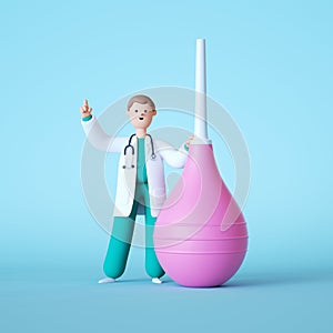 3d render digital illustration. Cute cartoon doctor character standing near big pink enema clyster. Clip art isolated on light