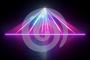 3d render, digital illustration. Neon light abstract background, pink blue rays, projecting laser, scanning effect, bright stage.