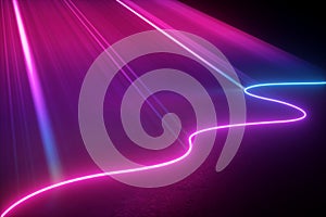 3d render, digital illustration. Neon light abstract background, pink blue rays and wavy line, projecting laser, scanning effect.