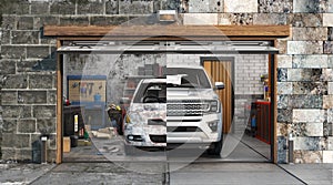 3d render of dirty and clean garage interior with open doors and cars in front.