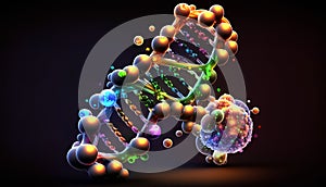 3d render of dna structure on black background with colorful particles