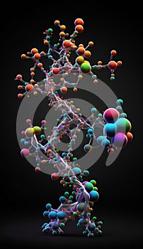 3d render DNA structure with colorful spheres on a black background.