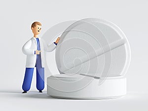 3d render. Doctor cartoon character is standing near the big pills. Medical healthcare concept. Pharmaceutical clip art isolated