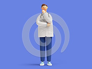 3d render. Doctor cartoon character standing and thinking. Professional therapist wearing white lab coat and stethoscope. Clip art